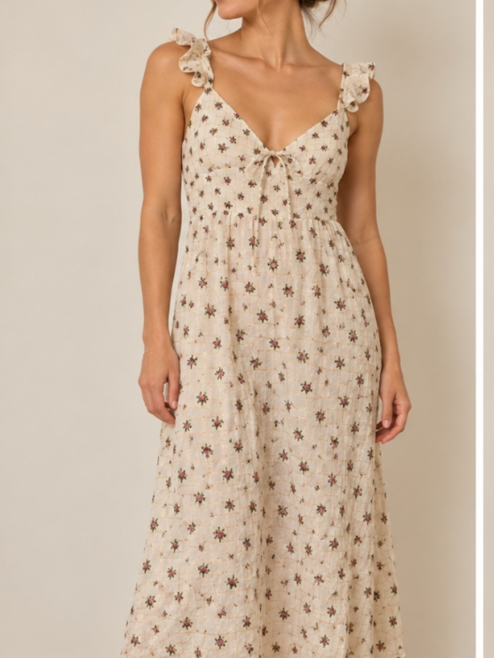 Vintage Cream Maxi Dress with Tiny Floral Print